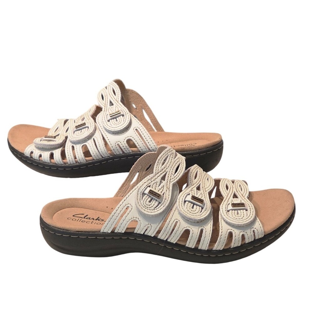 Clarks Collection Slide Sandals Leather Ultimate Comfort White Boho 7.5 Wide